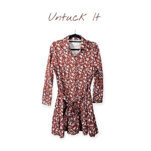 Untuckit Red Fall Floral Collared Dress Stretch Cotton Chessie Dress SZ 10 M